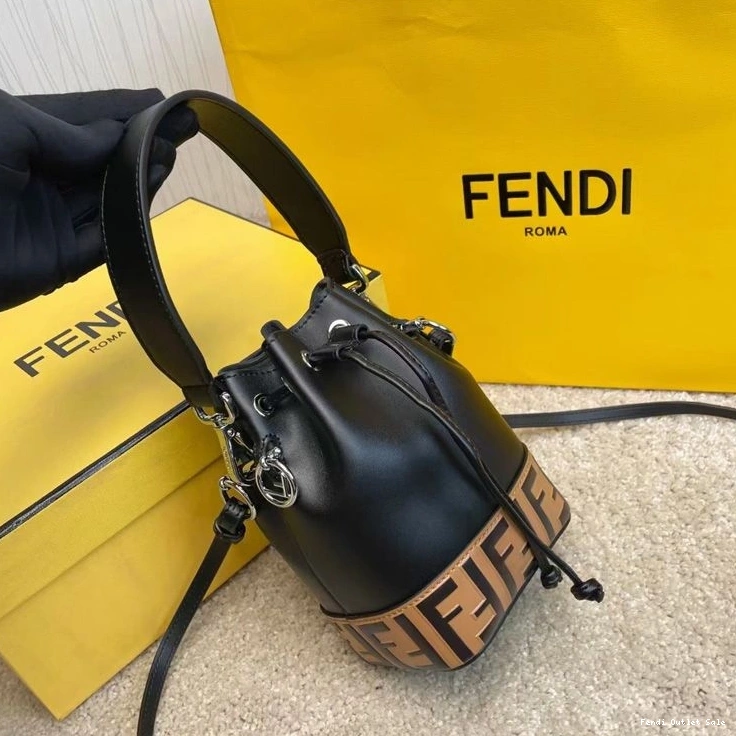Affordable Bucket Calf Bag Fendi Mon Mini Tresor FF In Black Motif Brown Leather 0821